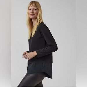 Athleta Black Long Sleeve Gallery Top Blouse Button Mix Media Sz M